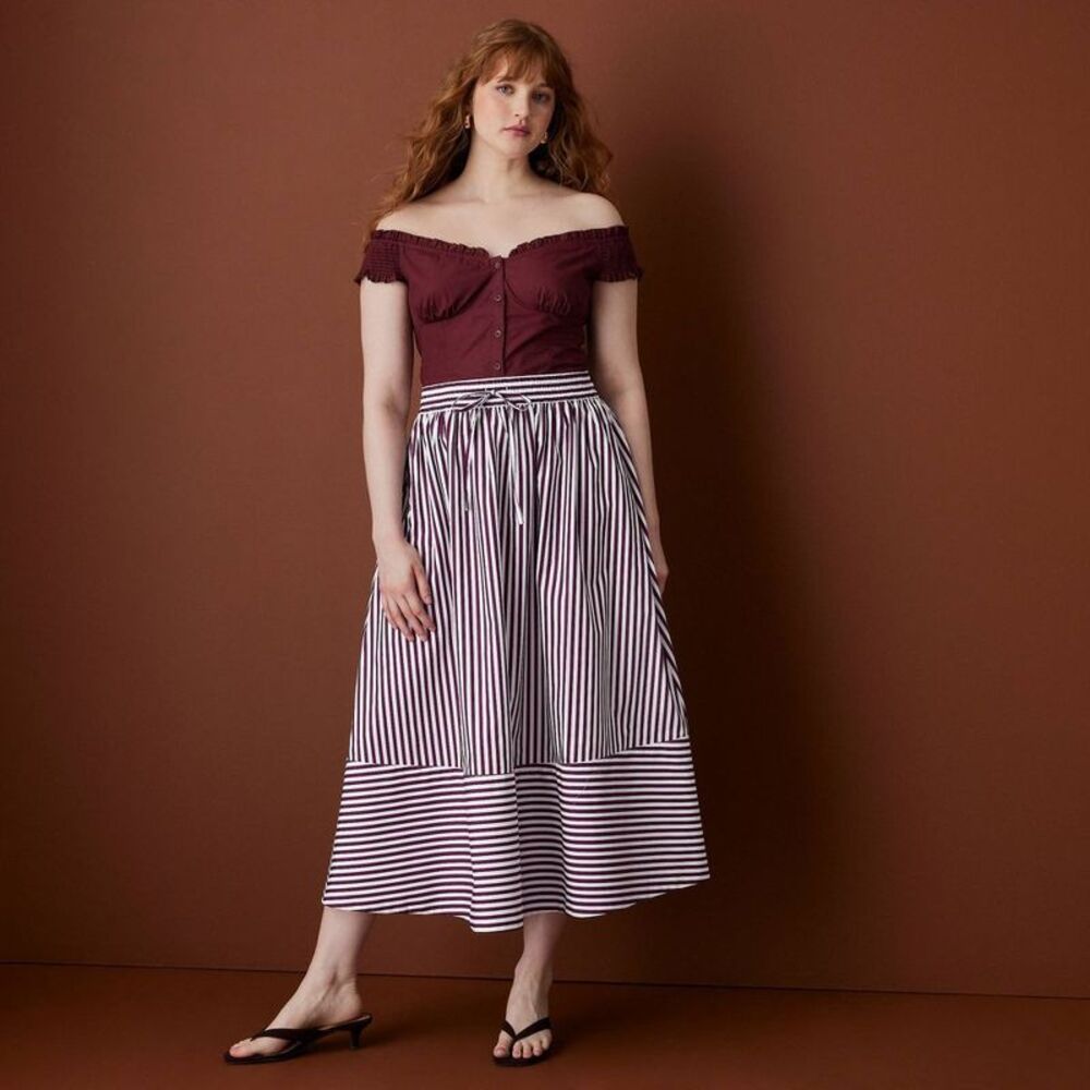 Women's Drawstring Poplin Striped Full Midi Skirt - Rosie Assoulin Burgundy S - Picture 1 of 4